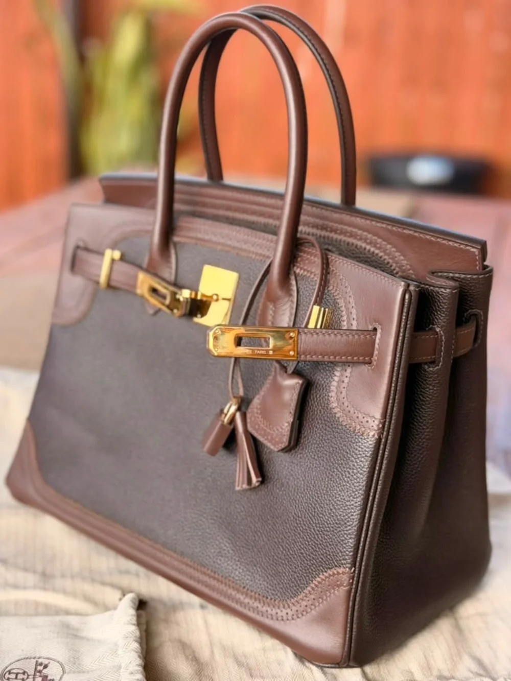 HANDMADE IMPORTED EBENE CHOCOLATE BROWN GHILLES LACE TOGO BIRKIN 30 GHW